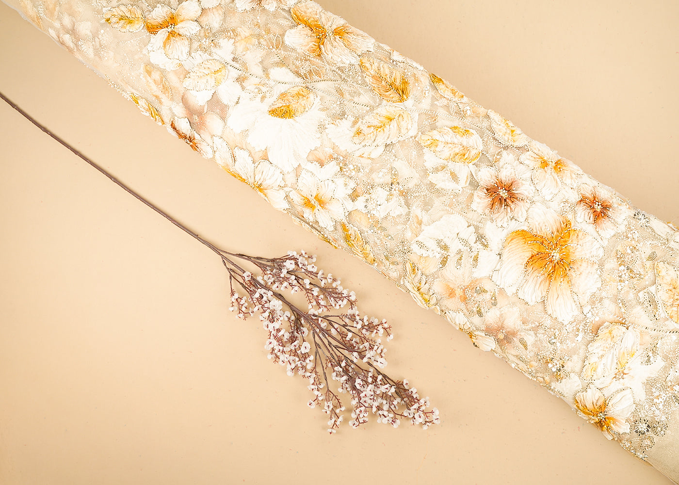 Beige Imported Net Fabric With All Over Sequins, Bead, Katdana And Ribbon Work 22105