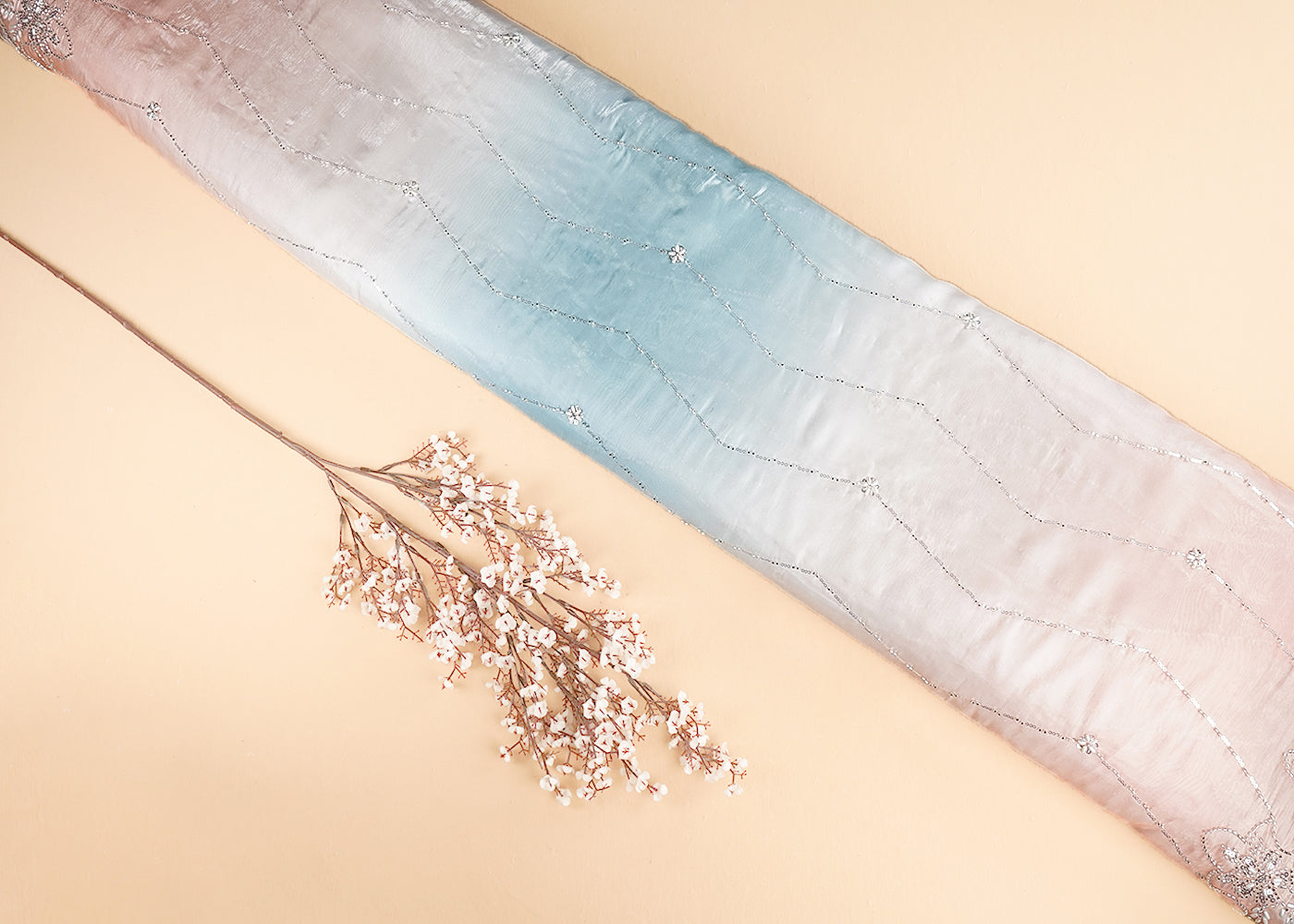 Peach & Ice Blue Organza Fabric With All Over Bead, Katdana And Sequins With Two Side Scalloped Border 22106