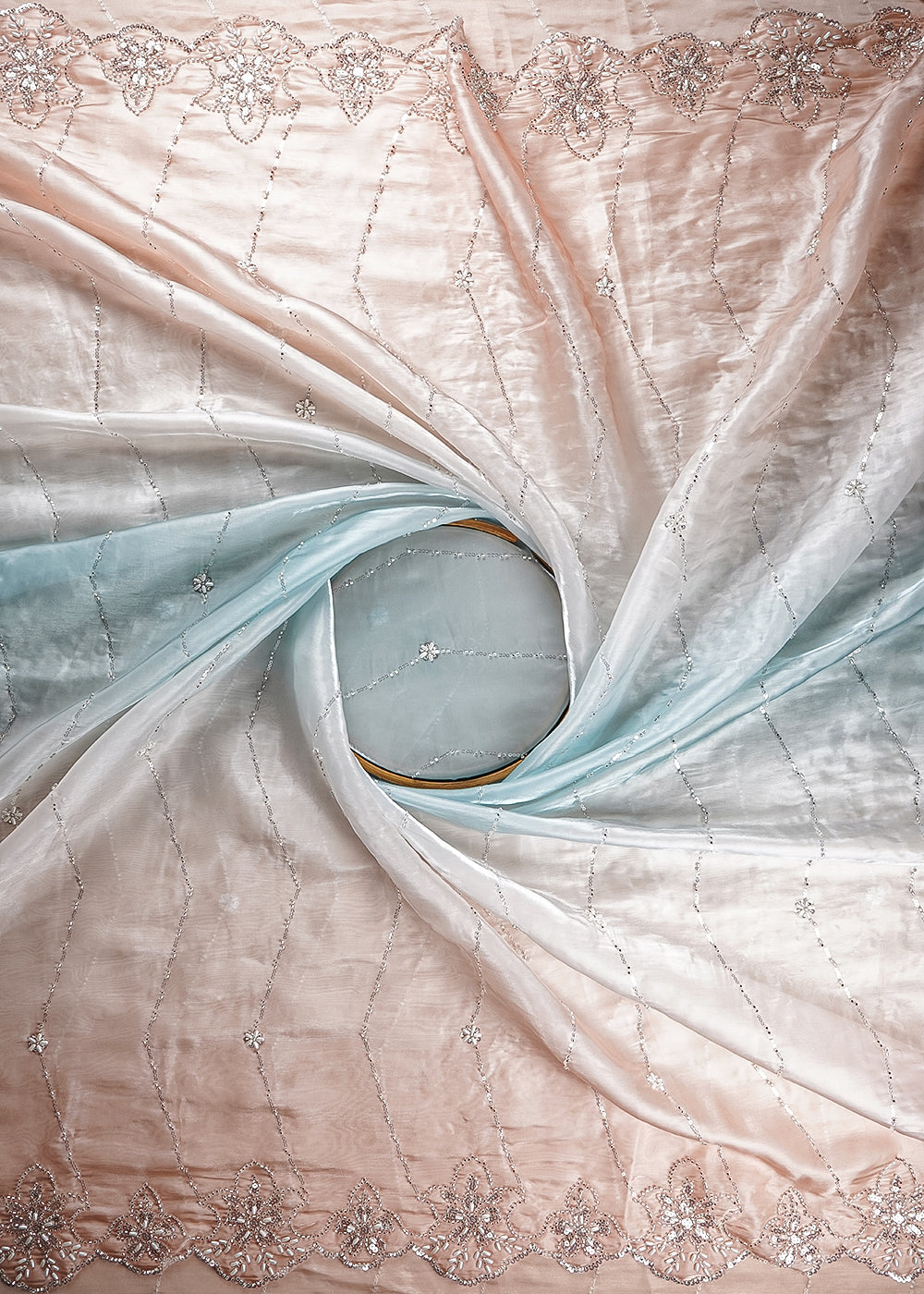 Peach & Ice Blue Organza Fabric With All Over Bead, Katdana And Sequins With Two Side Scalloped Border 22106