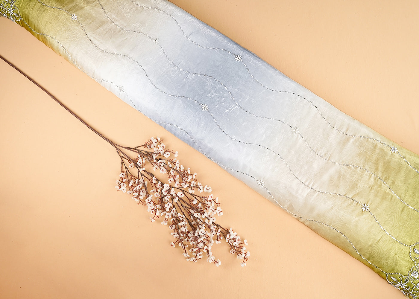 Mehendi Green And Pale Blue Organza Fabric With All Over Bead, Katdana And Sequins With Two Side Scalloped Border 22107