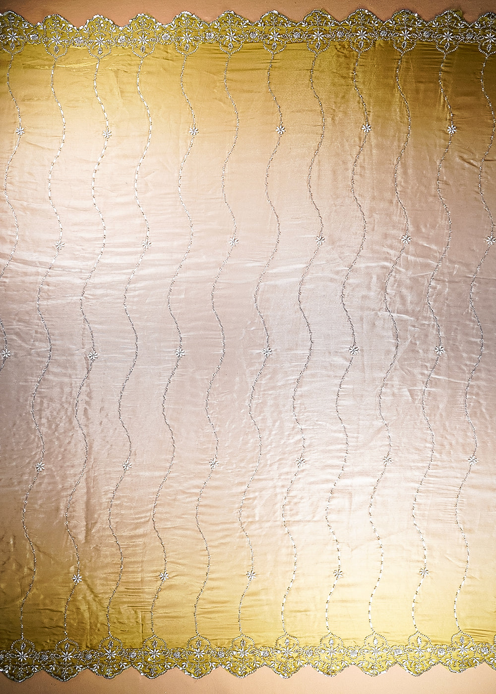 Mehendi Green And Pale Blue Organza Fabric With All Over Bead, Katdana And Sequins With Two Side Scalloped Border 22107