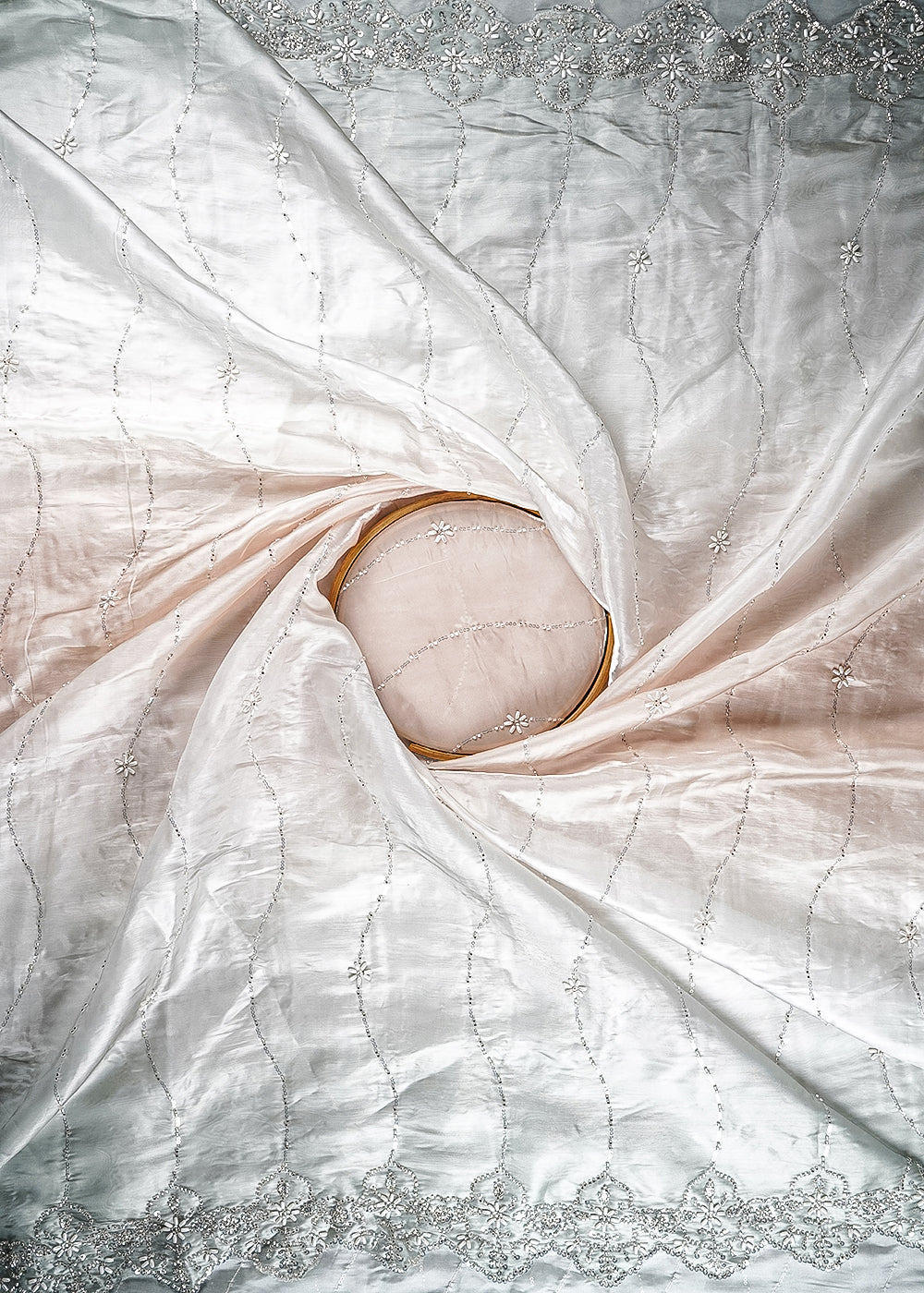 Grey & Beige Organza Fabric With All Over Bead, Katdana And Sequins With Two Side Scalloped Border 22108