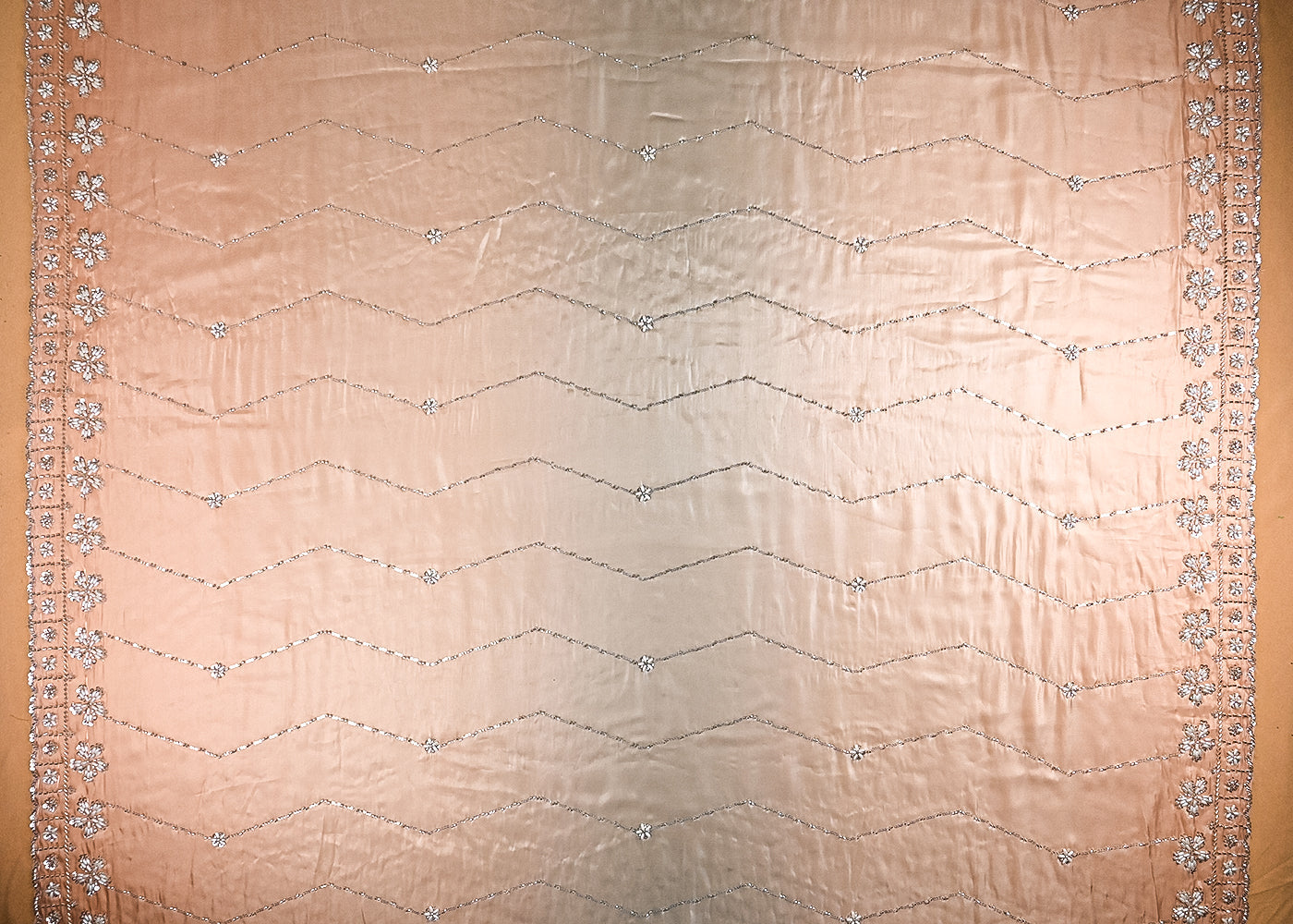 Peach & Ice Blue Organza Satin Fabric With All Over Ombre Shade, Bead And Sequins Work With Border 22110