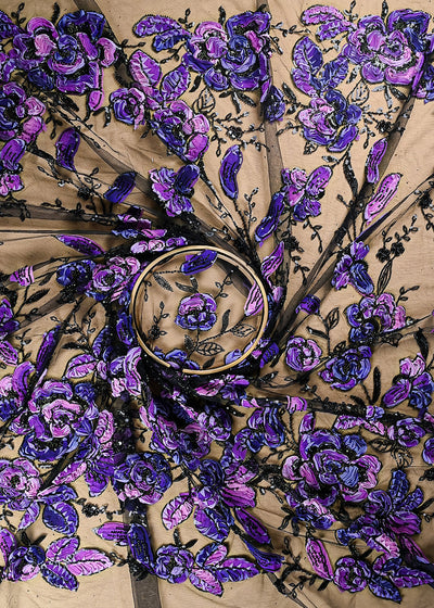 Black Imported Net Fabric With All Over Sequins, Bead And Purple Ribbon Work 22112