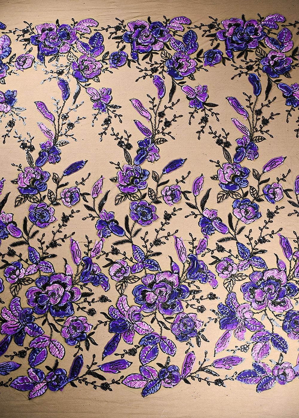 Black-Imported-Net-Fabric-With-All-Over-Sequins,-Bead-And-Purple-Ribbon-Work-22112-work-view