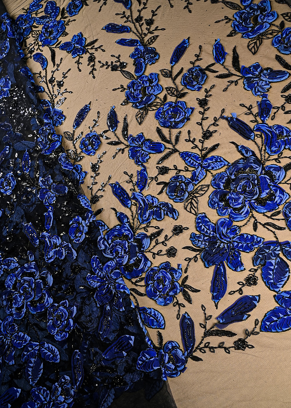 Black-Imported-Net-Fabric-With-All-Over-Sequins,-Bead-And-Navy-Blue-Ribbon-Work-22115-net-view