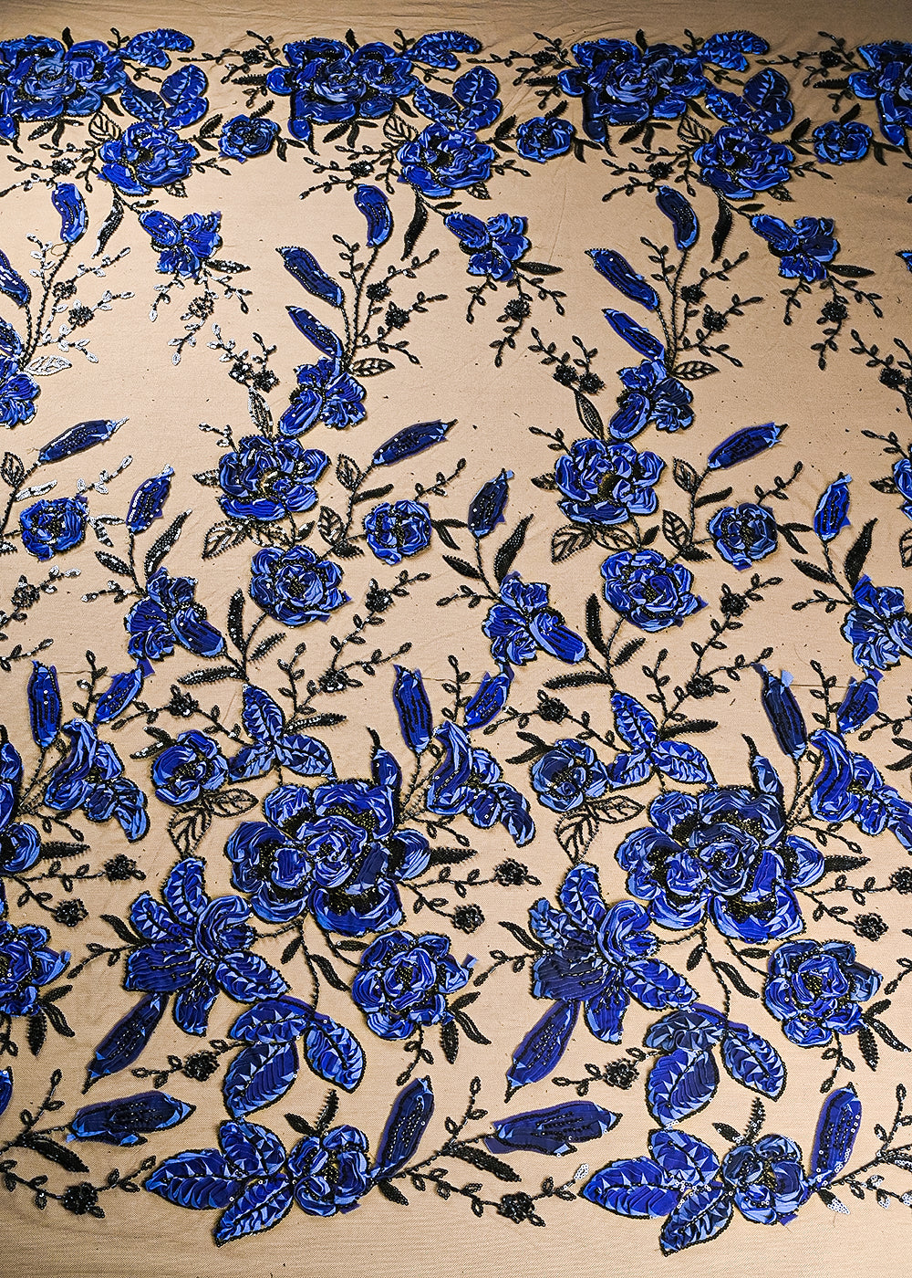 Black-Imported-Net-Fabric-With-All-Over-Sequins,-Bead-And-Navy-Blue-Ribbon-Work-22115-work-view