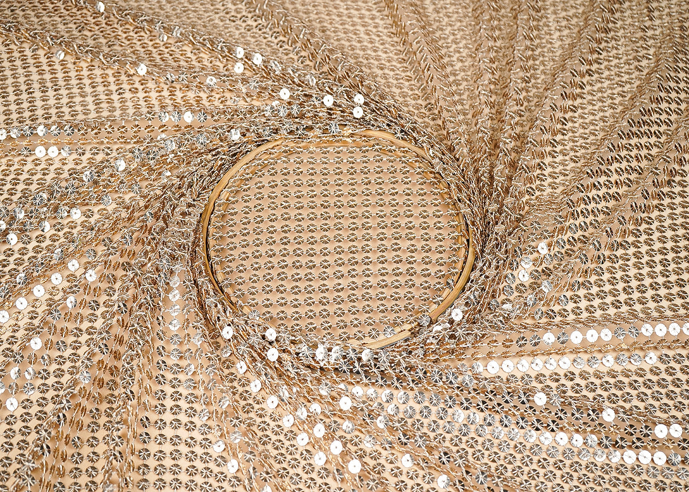 Golden Fish Net Fabric With All Over Sequins Work 22122