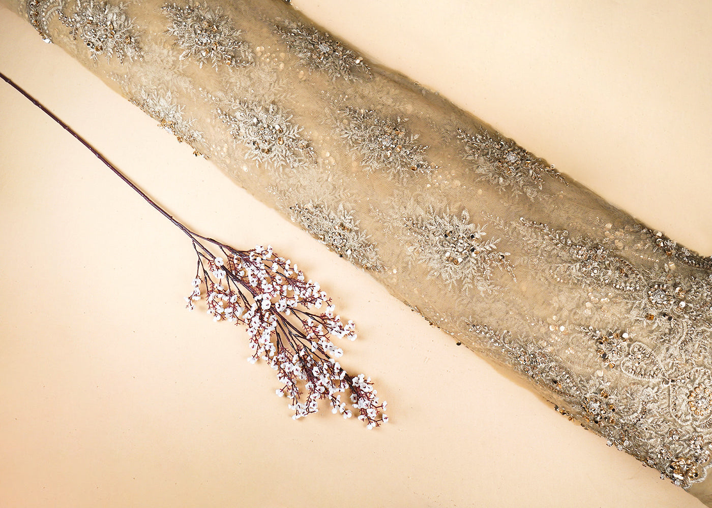 Golden Imported Net Fabric With All Over Sequins, Katdana, Bead And Zari Work With One Side Border 22128