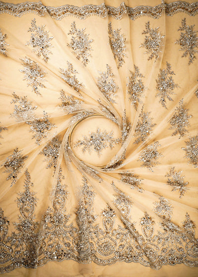 Golden Imported Net Fabric With All Over Sequins, Katdana, Bead And Zari Work With One Side Border 22128