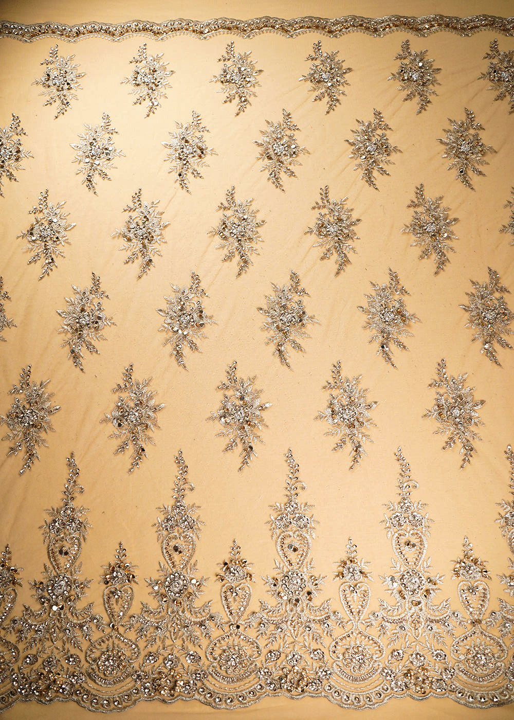 Golden Imported Net Fabric With All Over Sequins, Katdana, Bead And Zari Work With One Side Border 22128