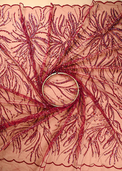 Maroon Imported Net Fabric With All Over Thread, Bead And Sequins Work 22135