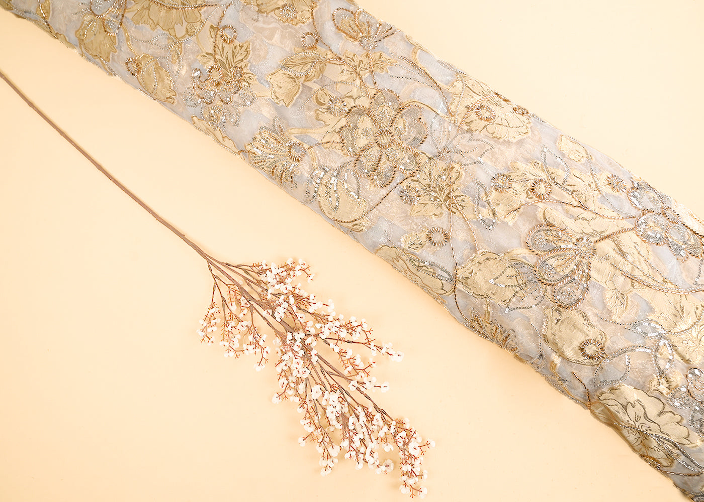 Golden Organza Fabric With All Over Zari, Beads, Sequins And Katdana Work With One Side Scalloped Border 22138