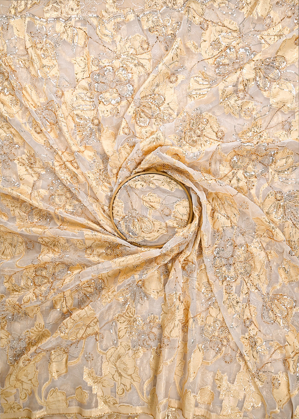 Golden Organza Fabric With All Over Zari, Beads, Sequins And Katdana Work With One Side Scalloped Border 22138