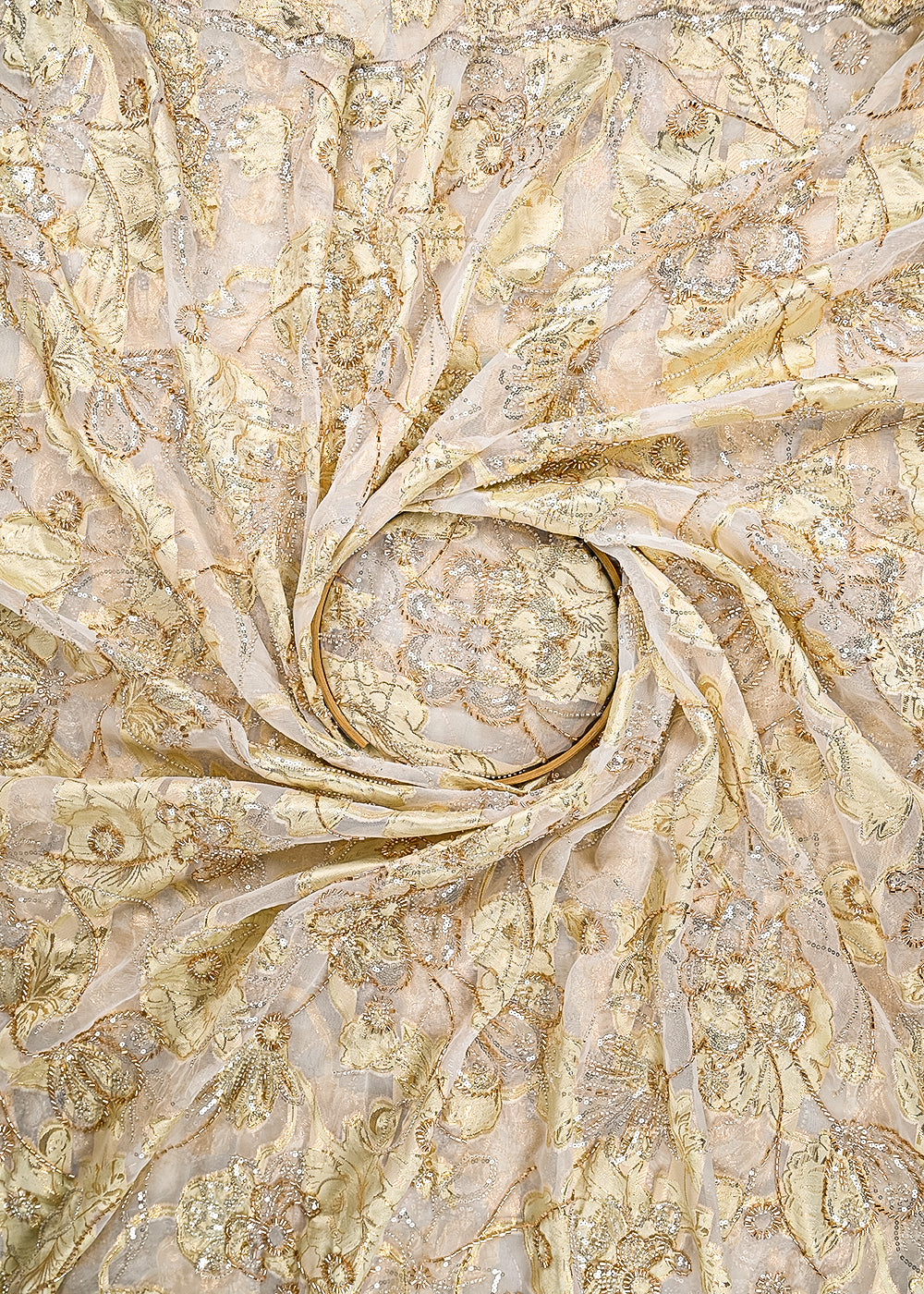 Lemon Organza Fabric With All Over Zari, Beads, Sequins And Katdana Work With One Side Scalloped Border 22139