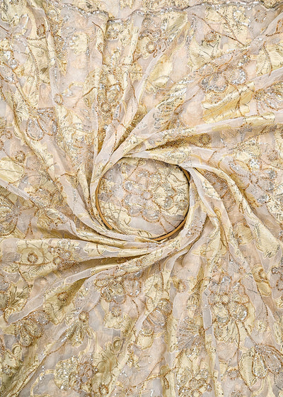 White Organza Fabric With All Over Katdana, Bead And Sequins Work & Lemon Foil Work Flowers 22139