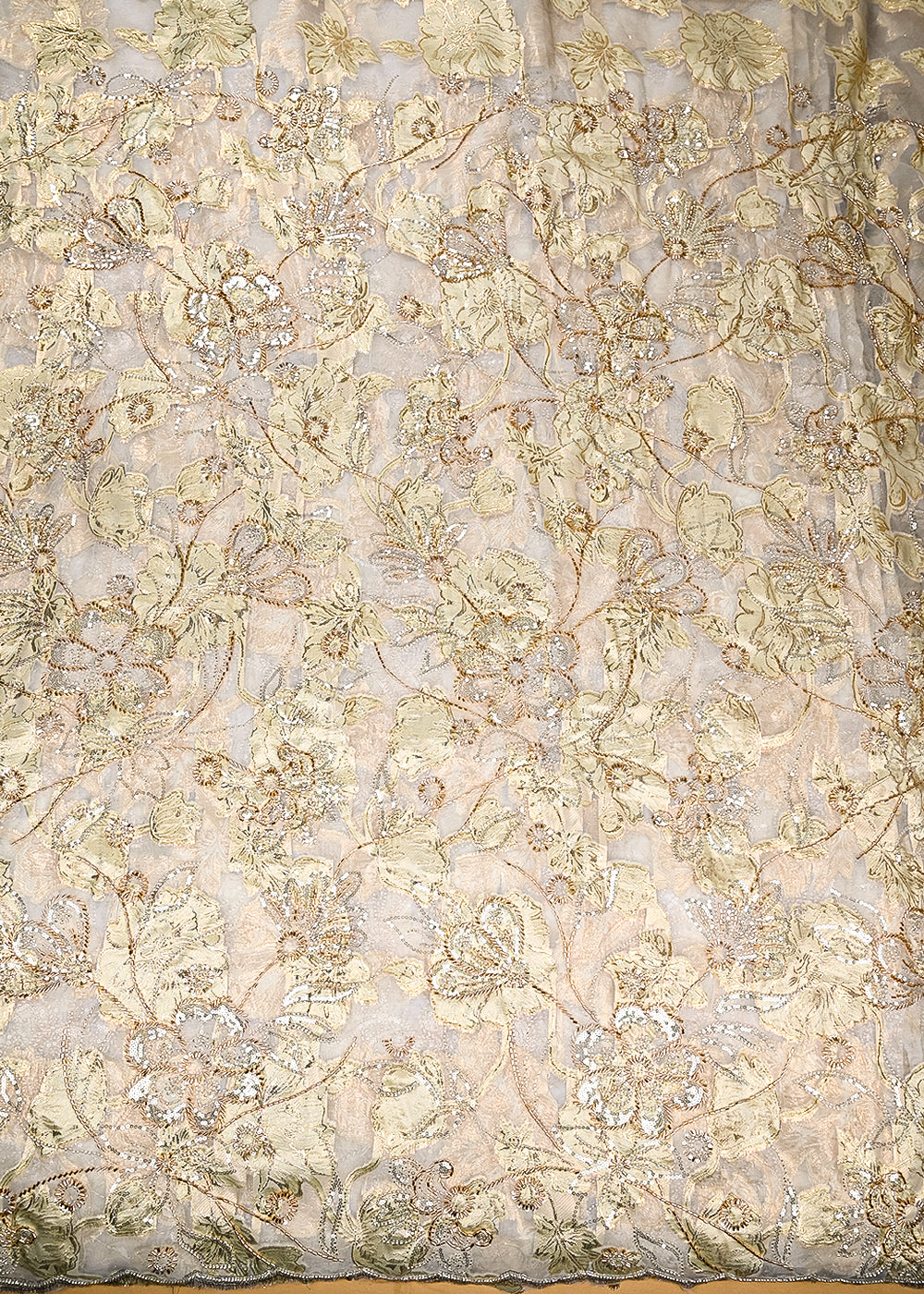 Lemon-Organza-Fabric-With-All-Over-Zari,-Beads,-Sequins-And-Katdana-Work-With-One-Side-Scalloped-Border-22139-work-view