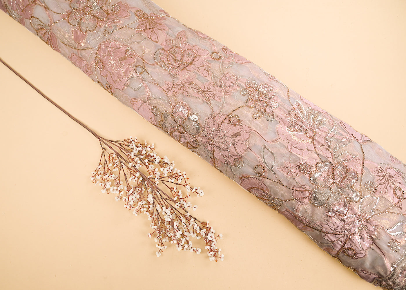 Pink Organza Fabric With All Over Zari, Beads, Sequins And Katdana Work With One Side Scalloped Border 22140