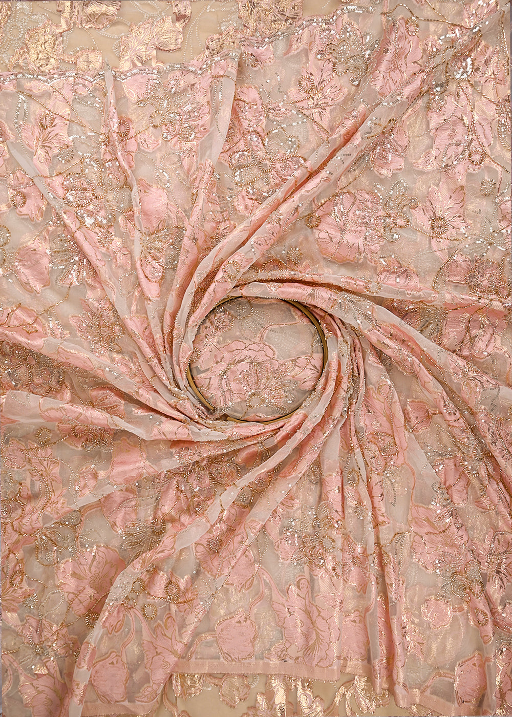 Pink Organza Fabric With All Over Zari, Beads, Sequins And Katdana Work With One Side Scalloped Border 22140