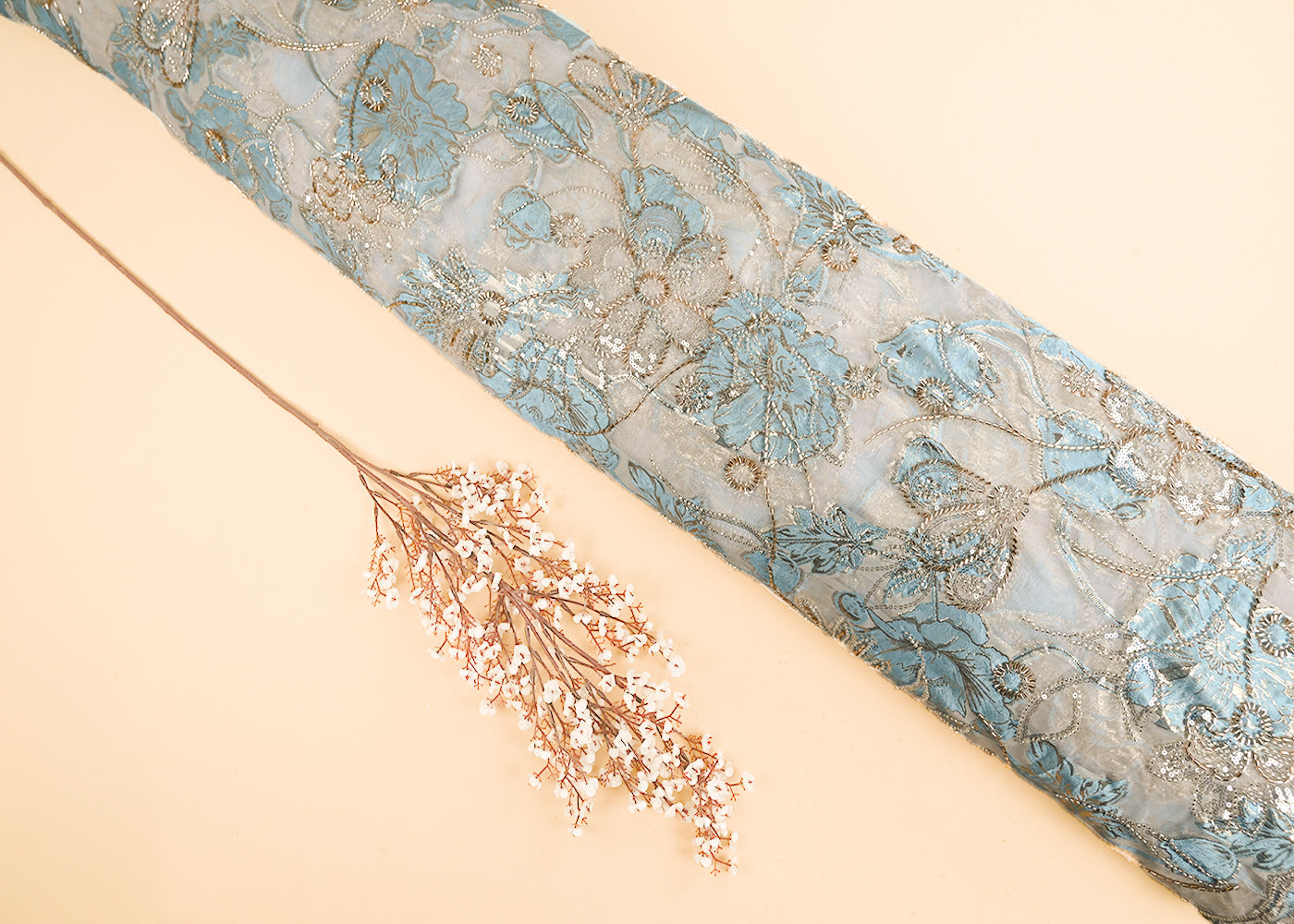 Blue Organza Fabric With All Over Zari, Beads, Sequins And Katdana Work With One Side Scalloped Border 22141