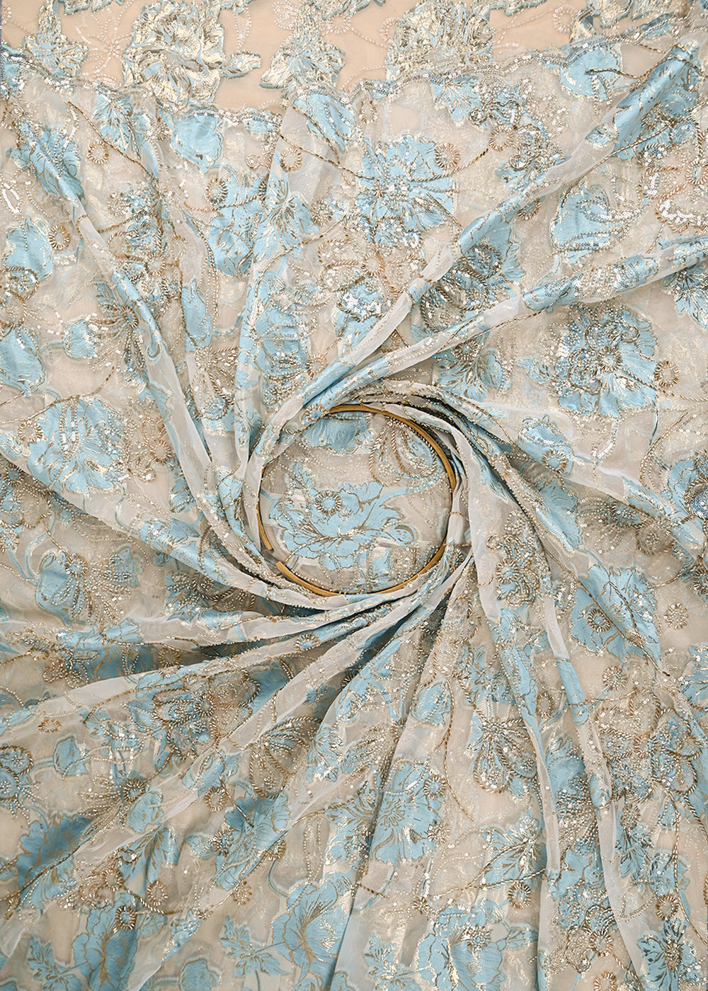 Blue Organza Fabric With All Over Zari, Beads, Sequins And Katdana Work With One Side Scalloped Border 22141