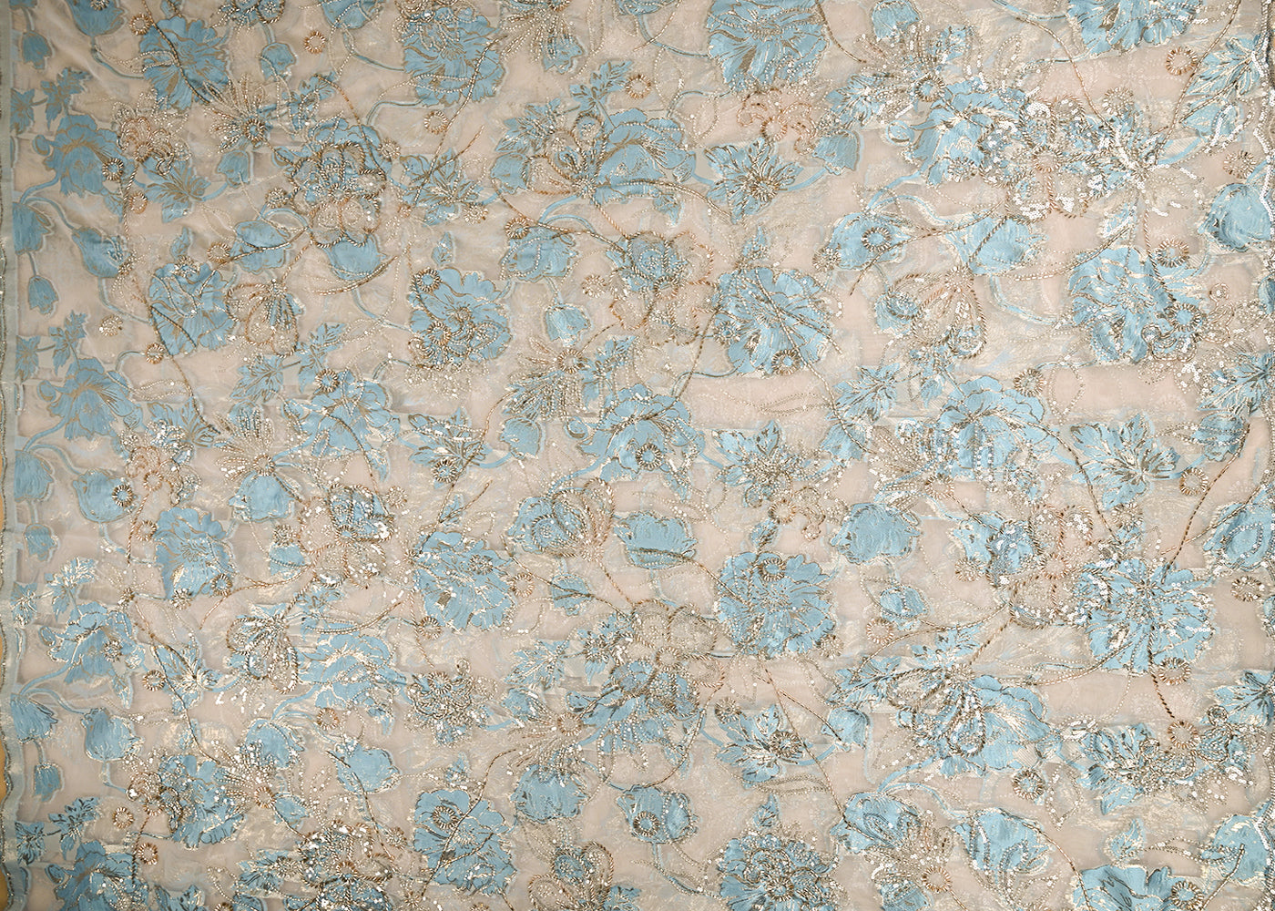 Blue-Organza-Fabric-With-All-Over-Zari,-Beads,-Sequins-And-Katdana-Work-With-One-Side-Scalloped-Border-22141-work-view