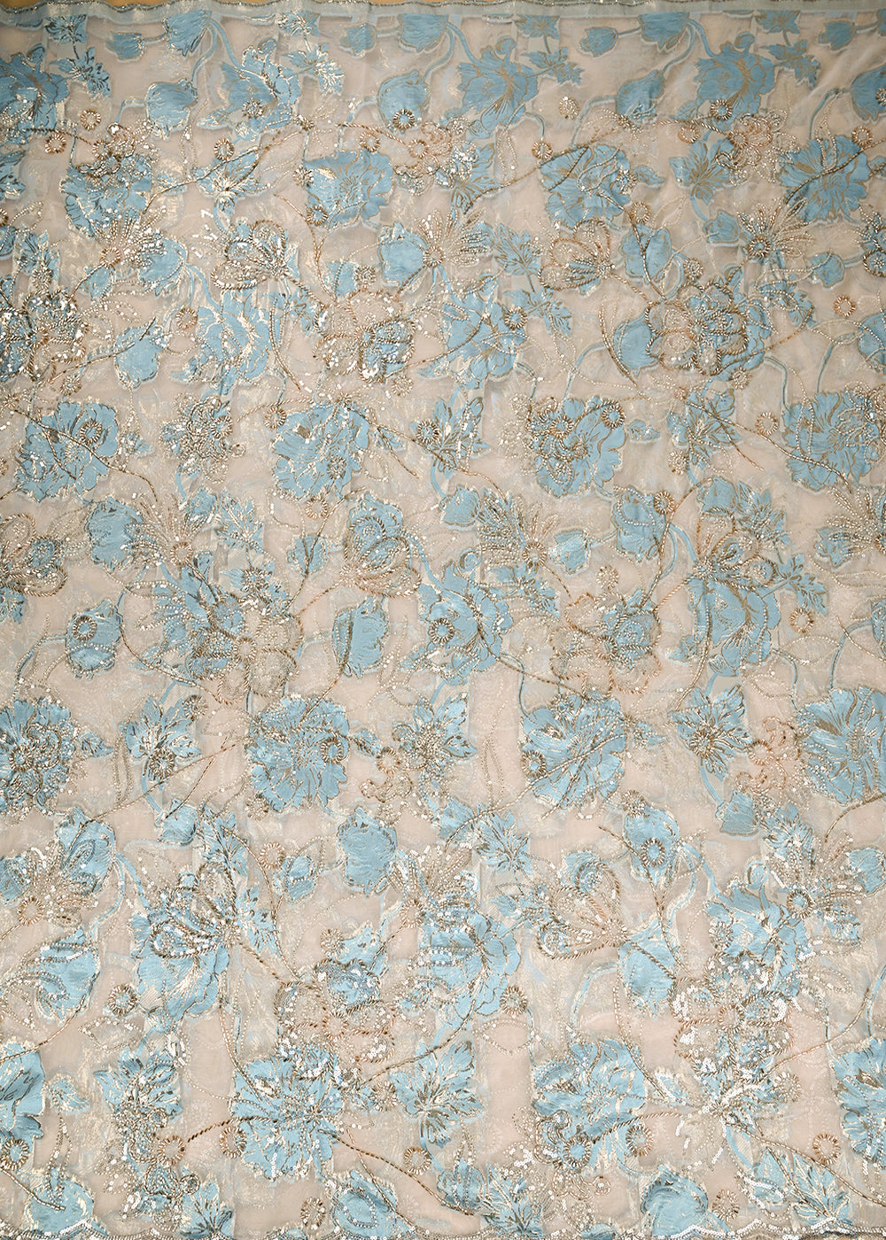 Blue-Organza-Fabric-With-All-Over-Zari,-Beads,-Sequins-And-Katdana-Work-With-One-Side-Scalloped-Border-22141-work-view