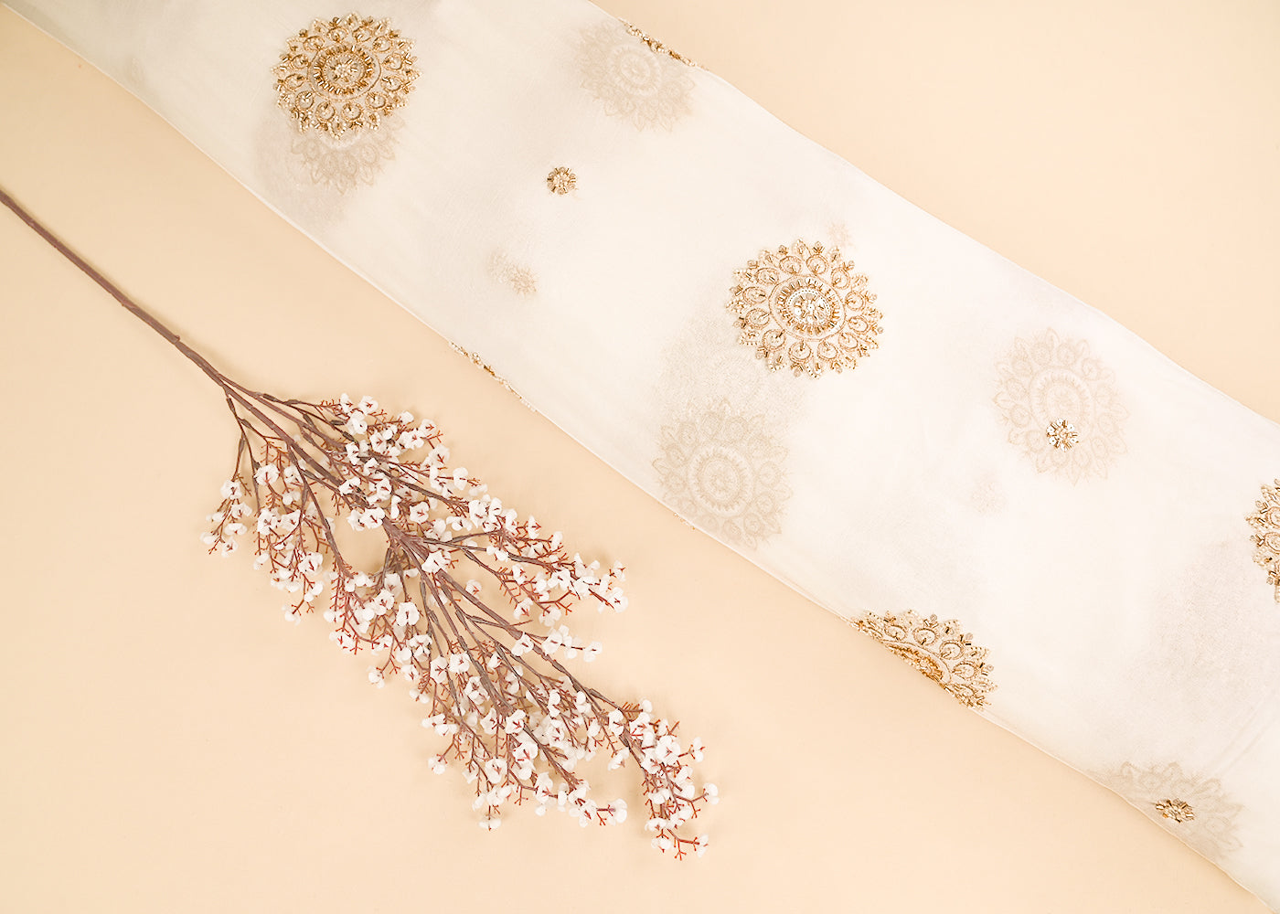 White Dyeble Georgette Fabric With All Over Sequins, Beads And Katdana Work 22142