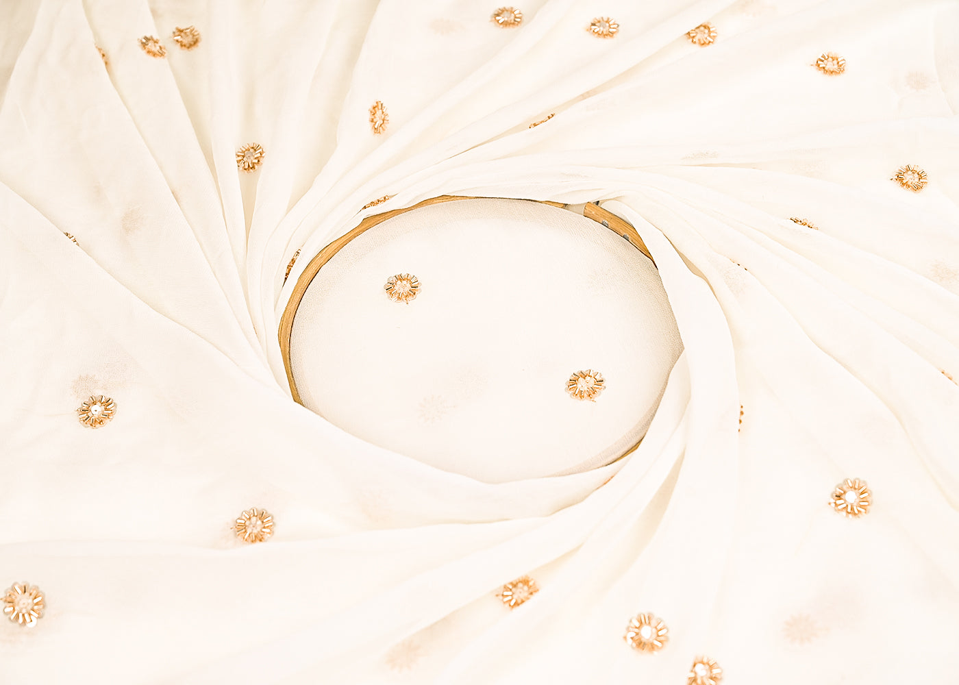 White Dyeble Georgette Fabric With All Over Sequins, Beads And Katdana Work 22145