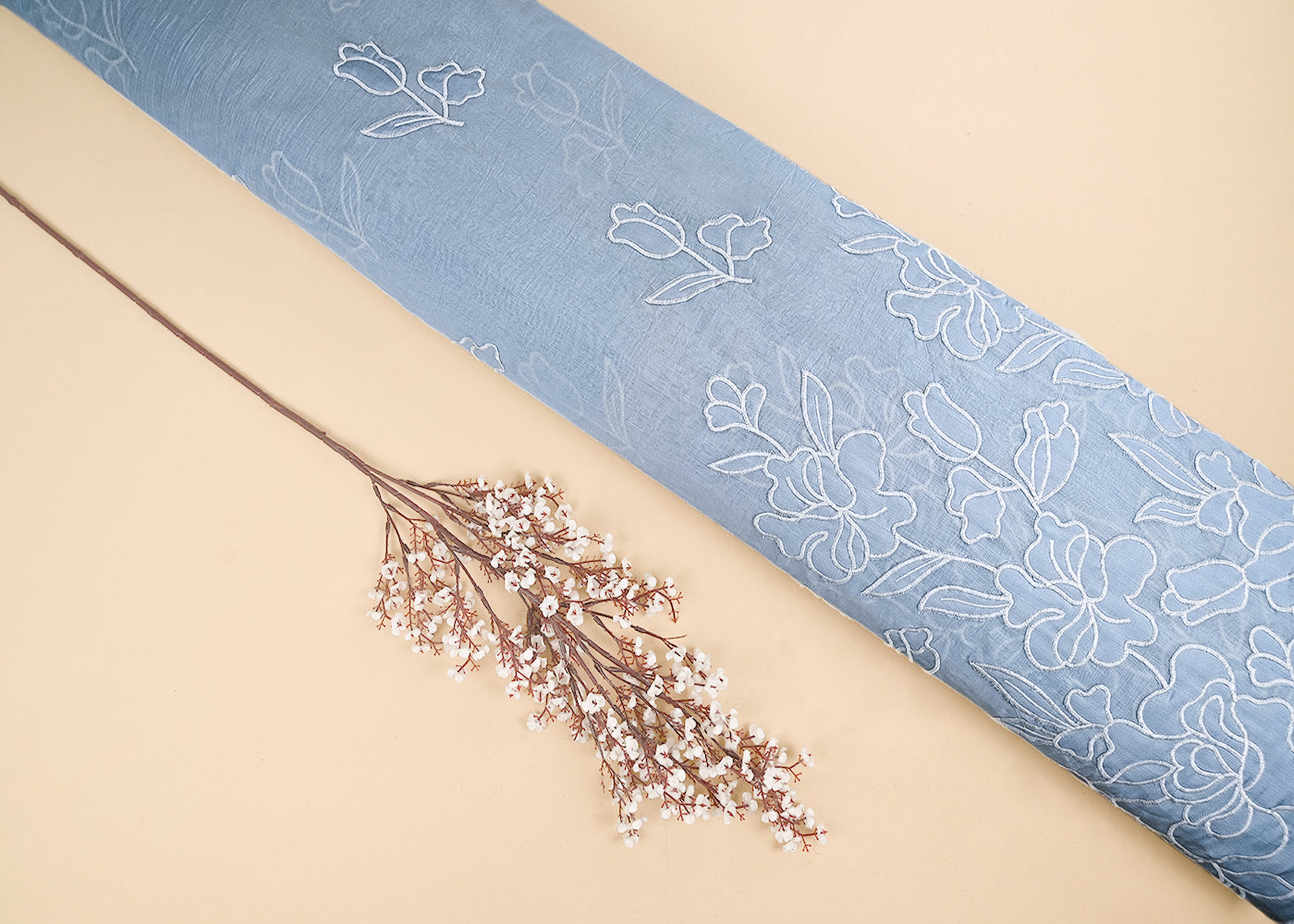 Sky Blue Cotton Fabric With All Over Thread And Patch Work With One Side Scalloped Border 22147