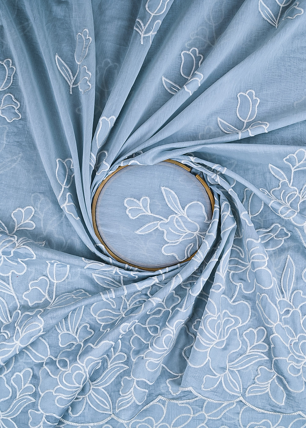 Sky Blue Cotton Fabric With All Over Thread And Patch Work With One Side Scalloped Border 22147