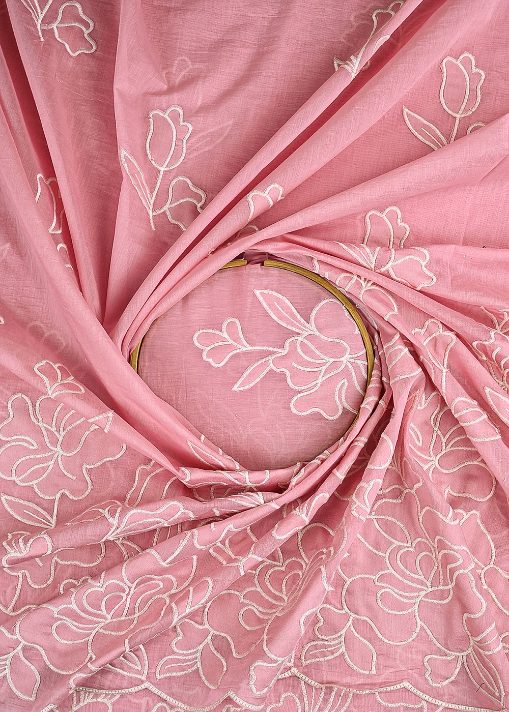 Pink Cotton Fabric With All Over Thread And Patch Work With One Side Scalloped Border 22148