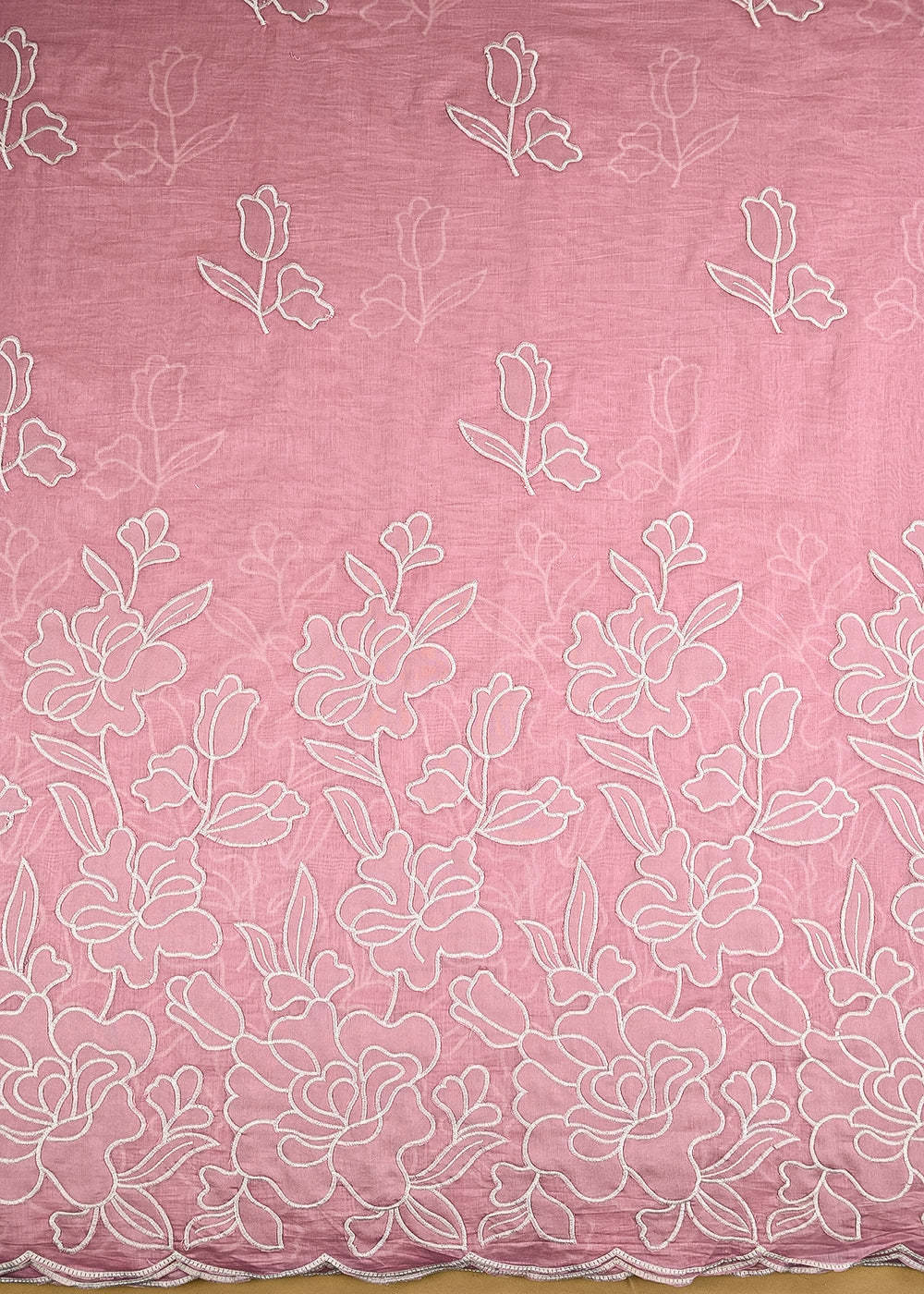 Pink Cotton Fabric With All Over Thread And Patch Work With One Side Scalloped Border 22148