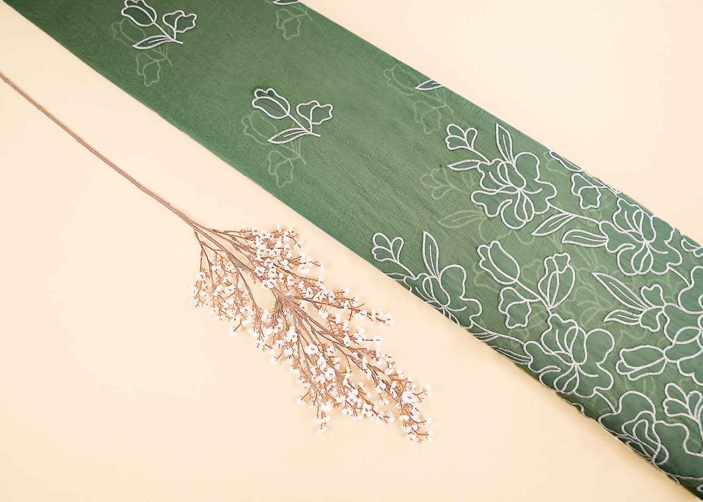 Green Cotton Fabric With All Over Thread And Patch Work With One Side Scalloped Border 22149