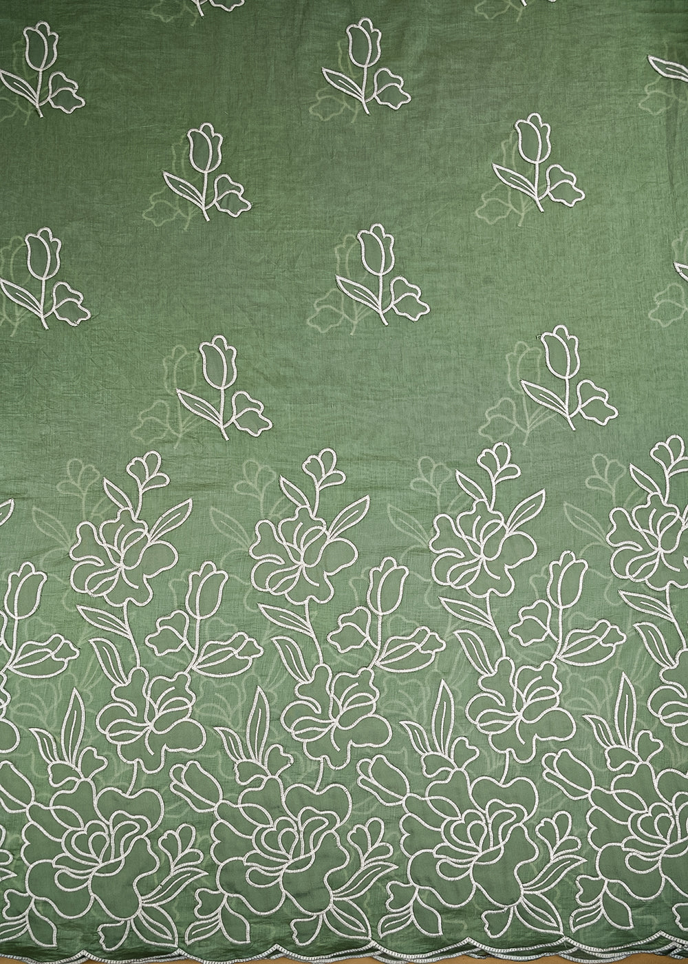Green Cotton Fabric With All Over Thread And Patch Work With One Side Scalloped Border 22149