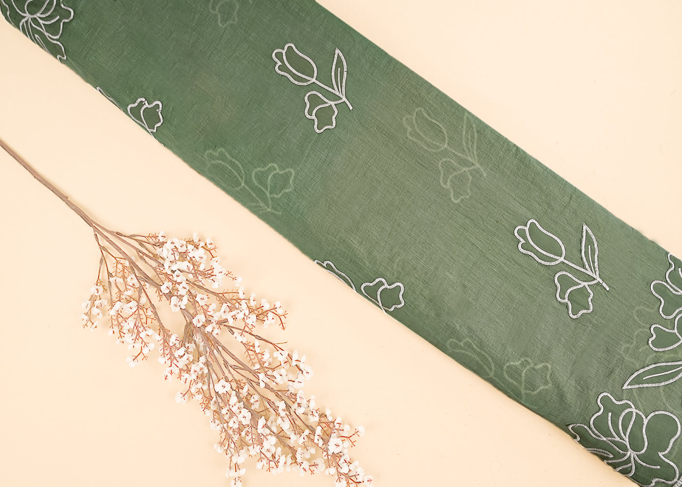 Green Cotton Dupatta Fabric With All Over Thread And Patch Work With Two Side Scalloped Border 22151