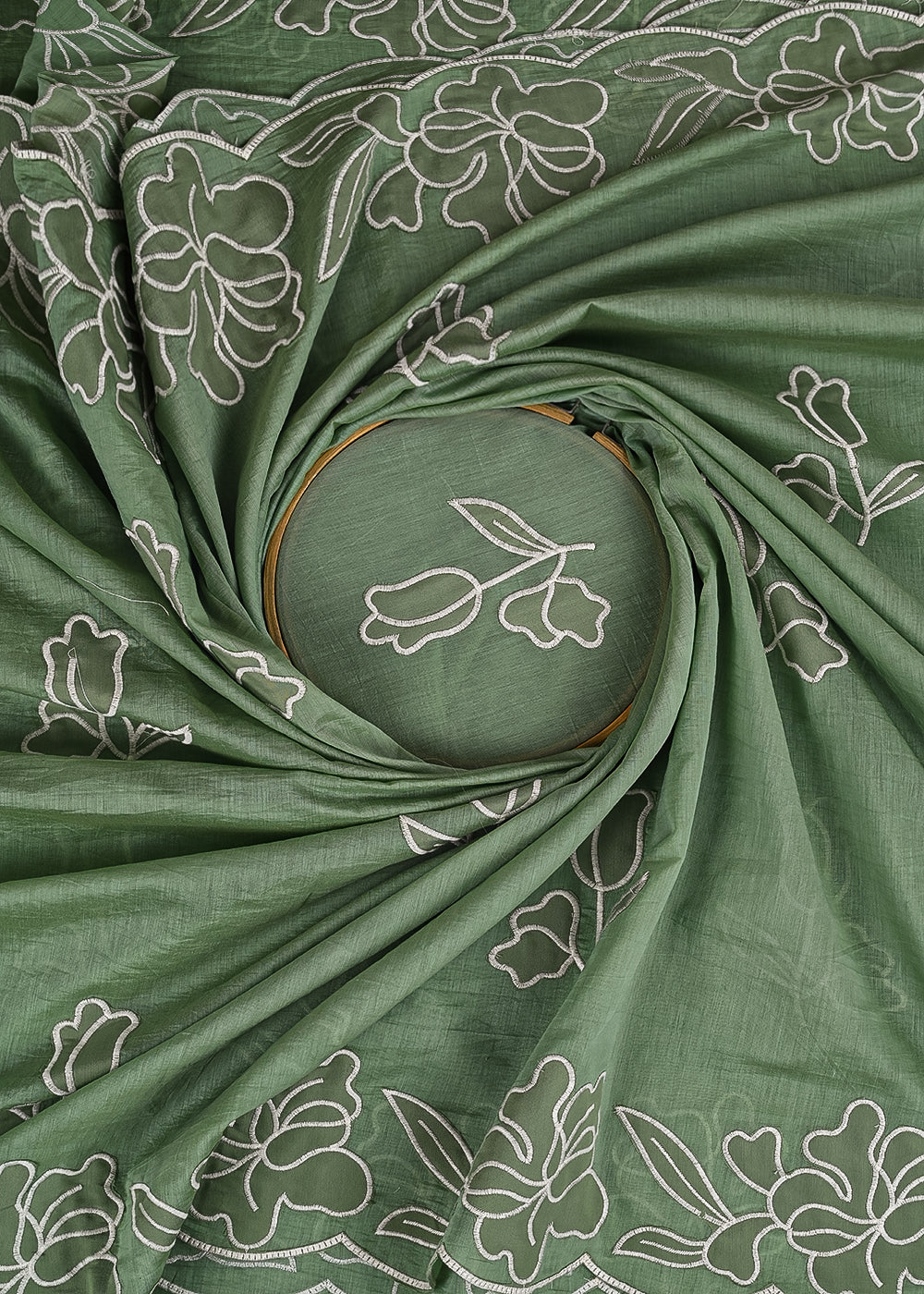 Green Cotton Dupatta Fabric With All Over Thread And Patch Work With Two Side Scalloped Border 22151