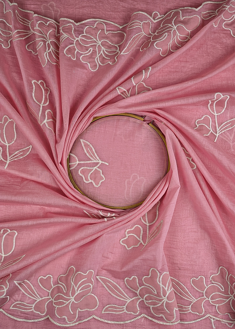 Pink Cotton Dupatta Fabric With All Over Thread And Patch Work With One Side Scalloped Border 22152