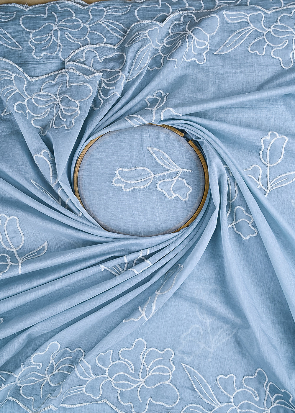 Sky Blue Cotton Dupatta Fabric With All Over Thread And Patch Work With One Side Scalloped Border 22154