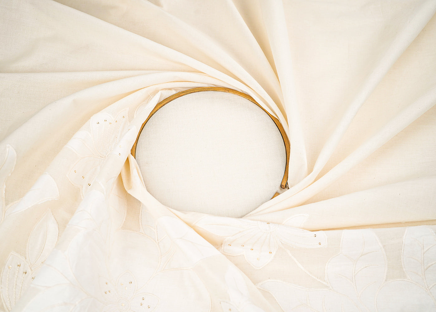 White Dyeable Kora Cotton Fabric With Allover Thread, Sequins And Patch Work With One Side Scalloped Border 22155