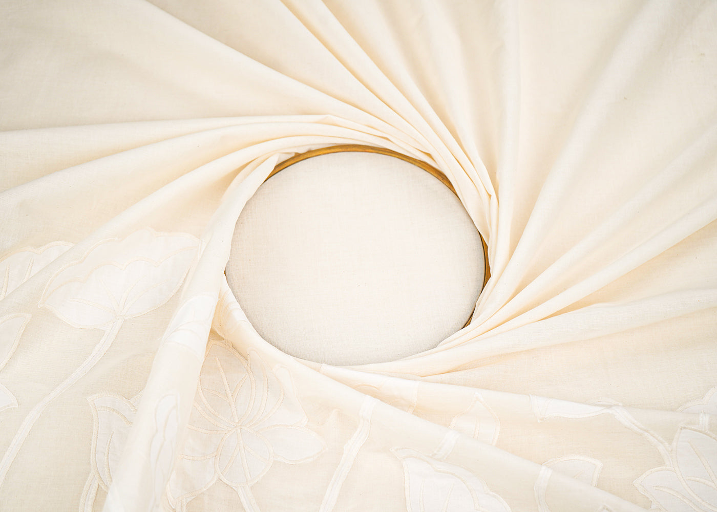 White Dyeable Kora Cotton Fabric With Allover Thread And Patch Work With One Side Scalloped Border 22156