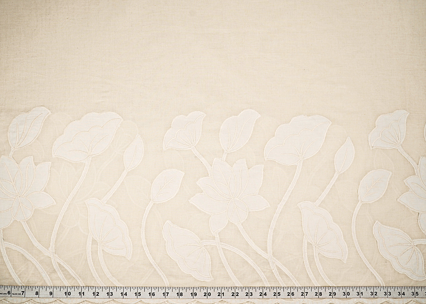 White Dyeable Kora Cotton Fabric With Allover Thread And Patch Work With One Side Scalloped Border 22156