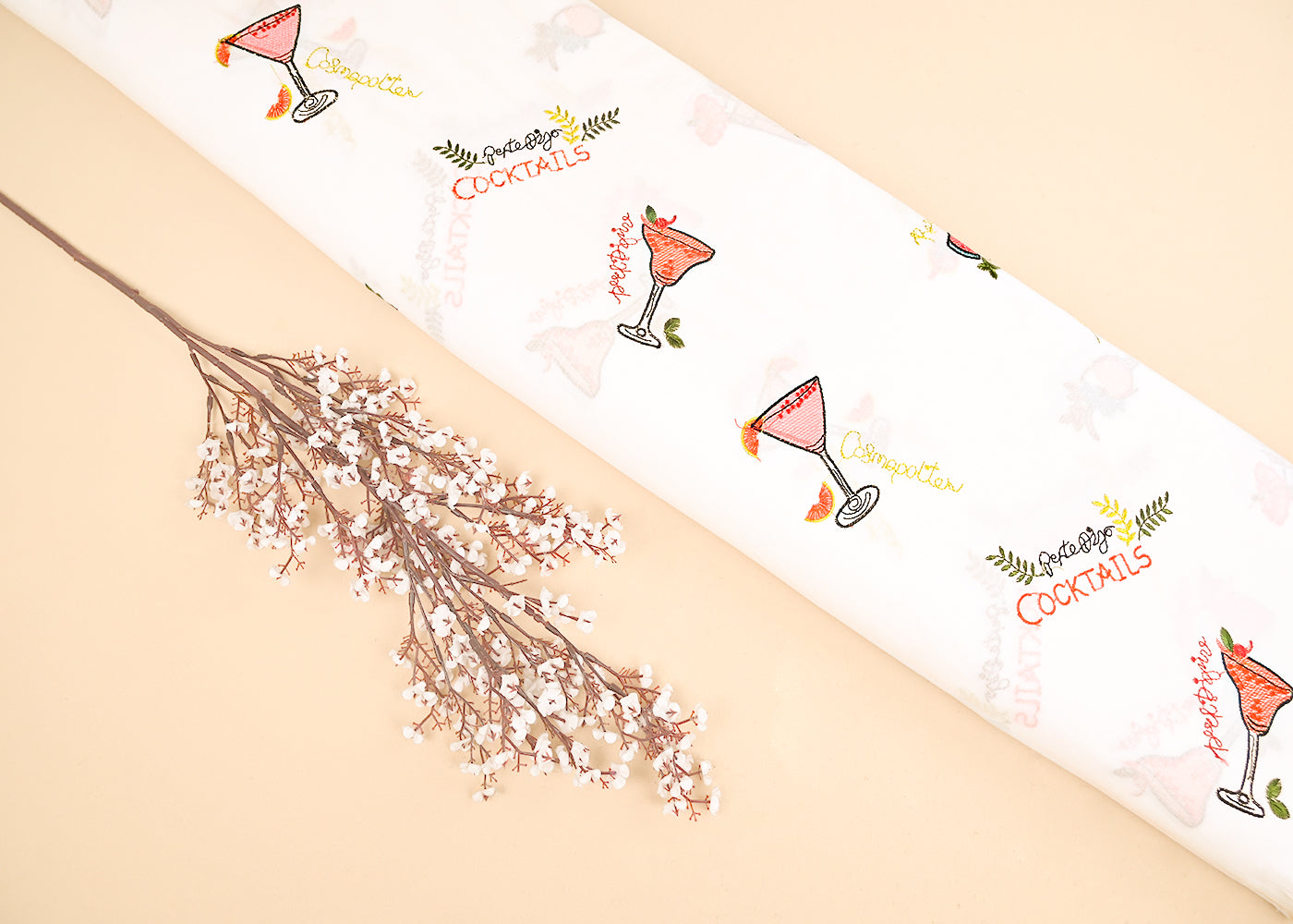 White Dyeable Cotton Fabric With All Over Multicolor Thread Work 22157