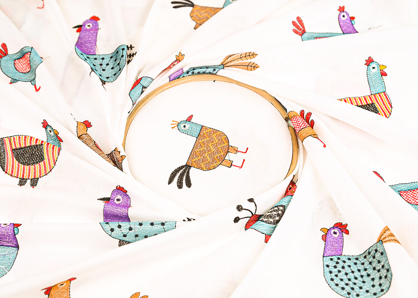 White Dyeable Cotton Fabric With All Over Multicolor Thread Work 22161