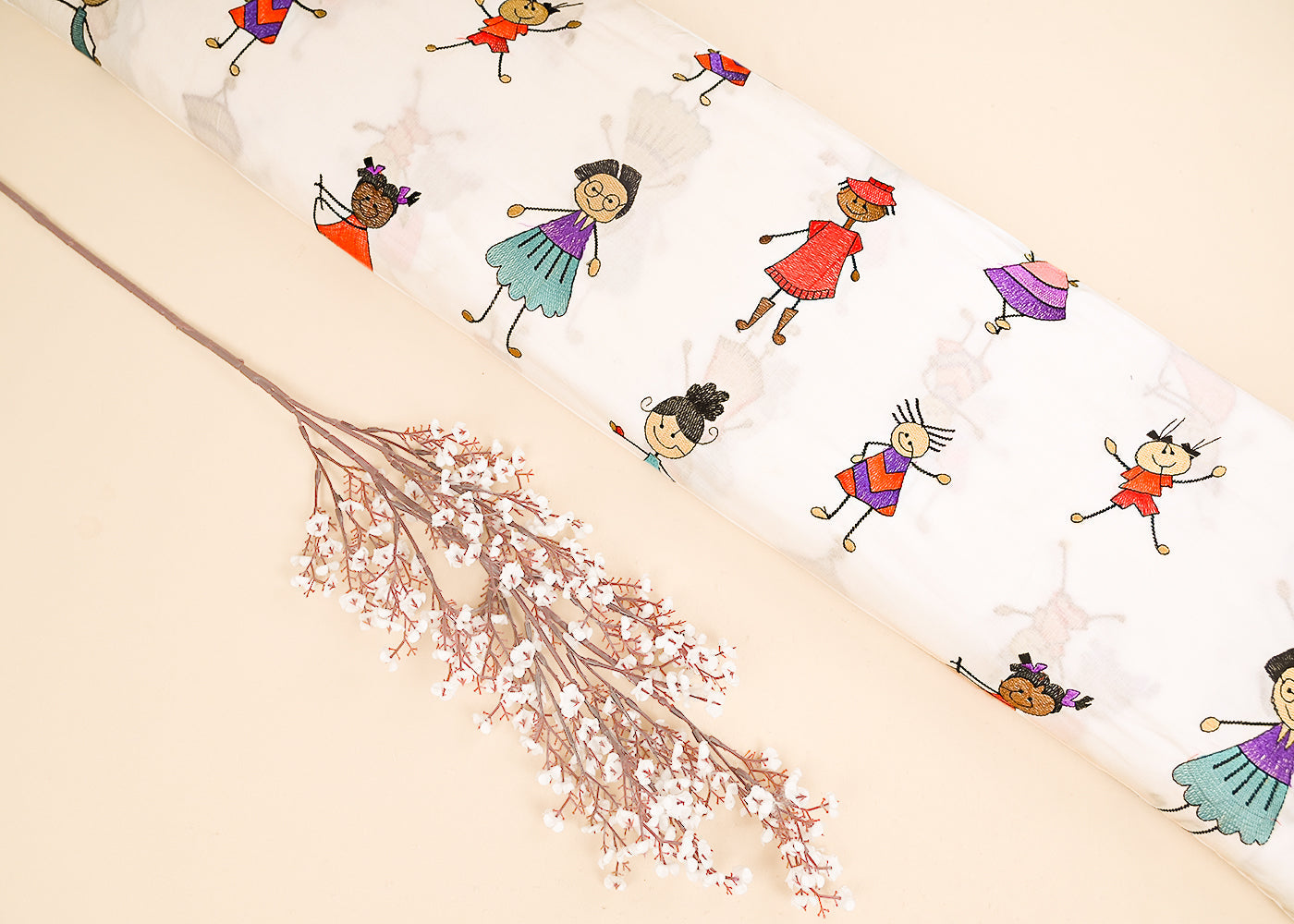 White Dyeable Cotton Fabric With All Over Multicolor Thread Work 22162