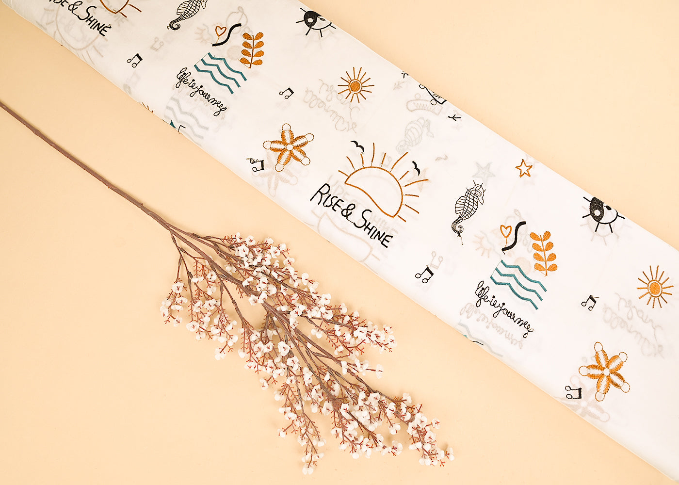 White Dyeable Cotton Fabric With All Over Multicolor Thread Work 22163