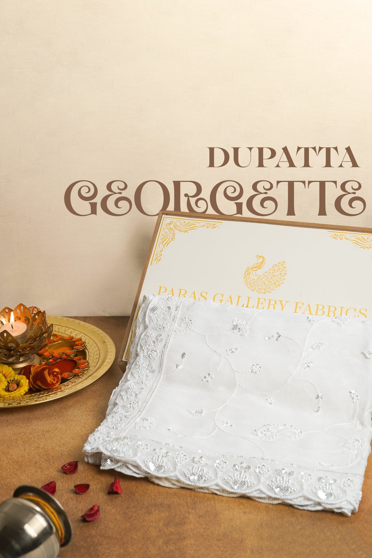 White Dyeable Georgette Dupatta With All Over Beads, Sequins And Thread Work 22174