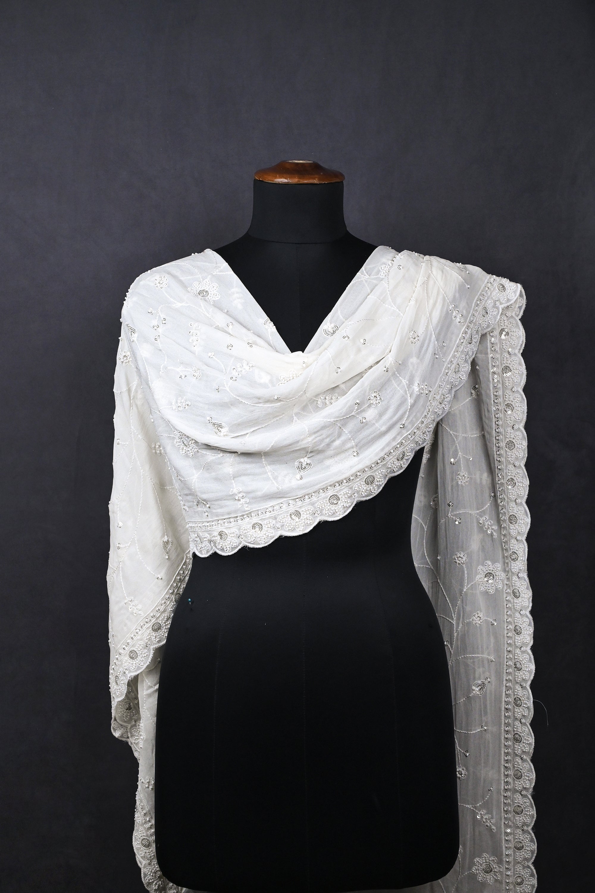 White Dyeable Georgette Dupatta With All Over Beads, Sequins And Thread Work 22175
