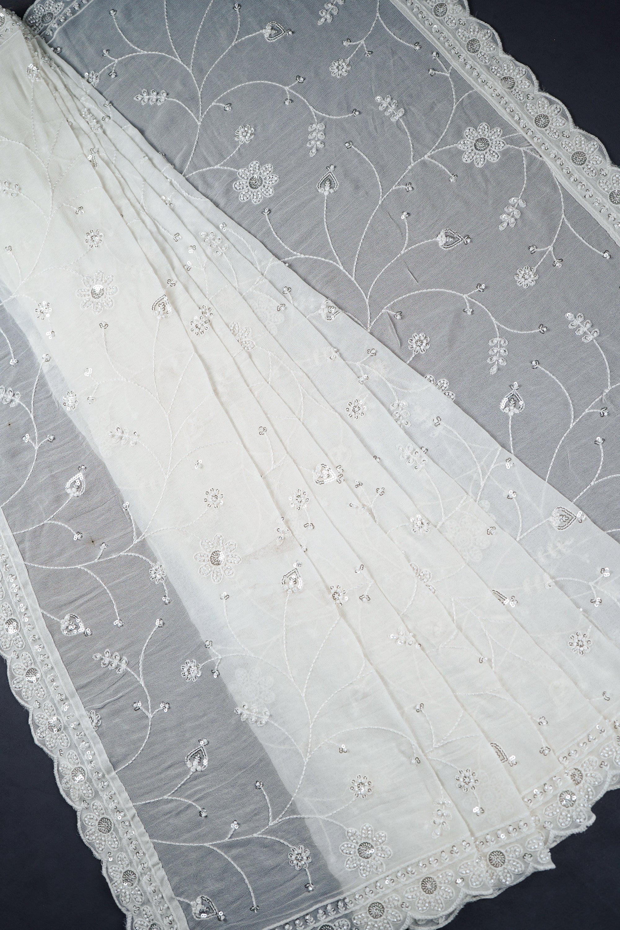 White Dyeable Georgette Dupatta With All Over Beads, Sequins And Thread Work 22175