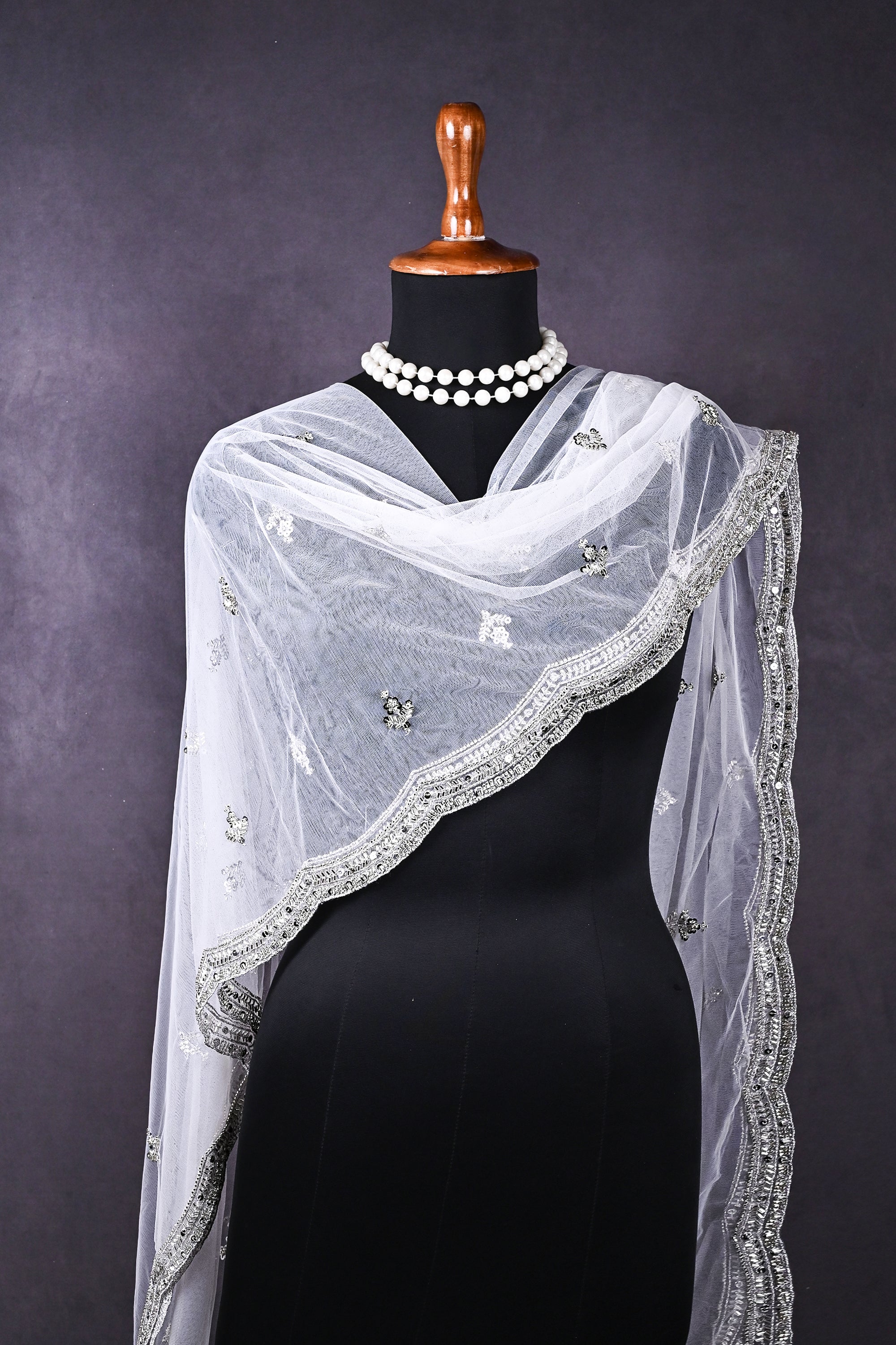 White Dyeable Organza Dupatta All Over Sequins And Katdana Work 22177